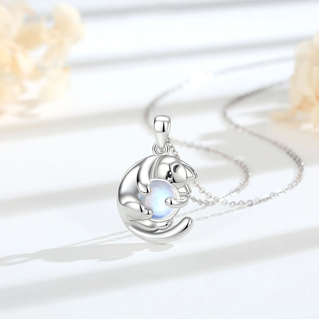 Mondstein Kette aus 925er Silber mit schlafender Katze