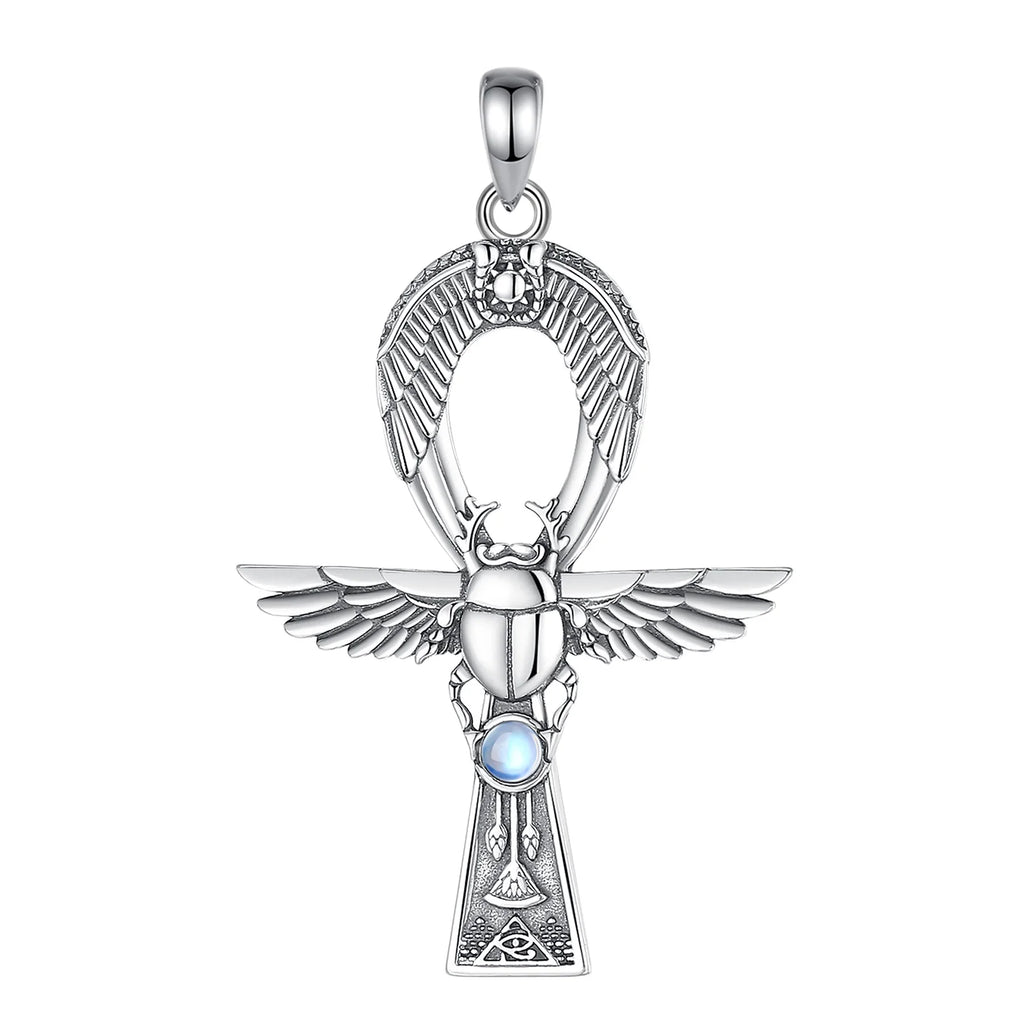 Mondstein Kette aus 925er Silber mit Ankh- und Skarabäusanhänger