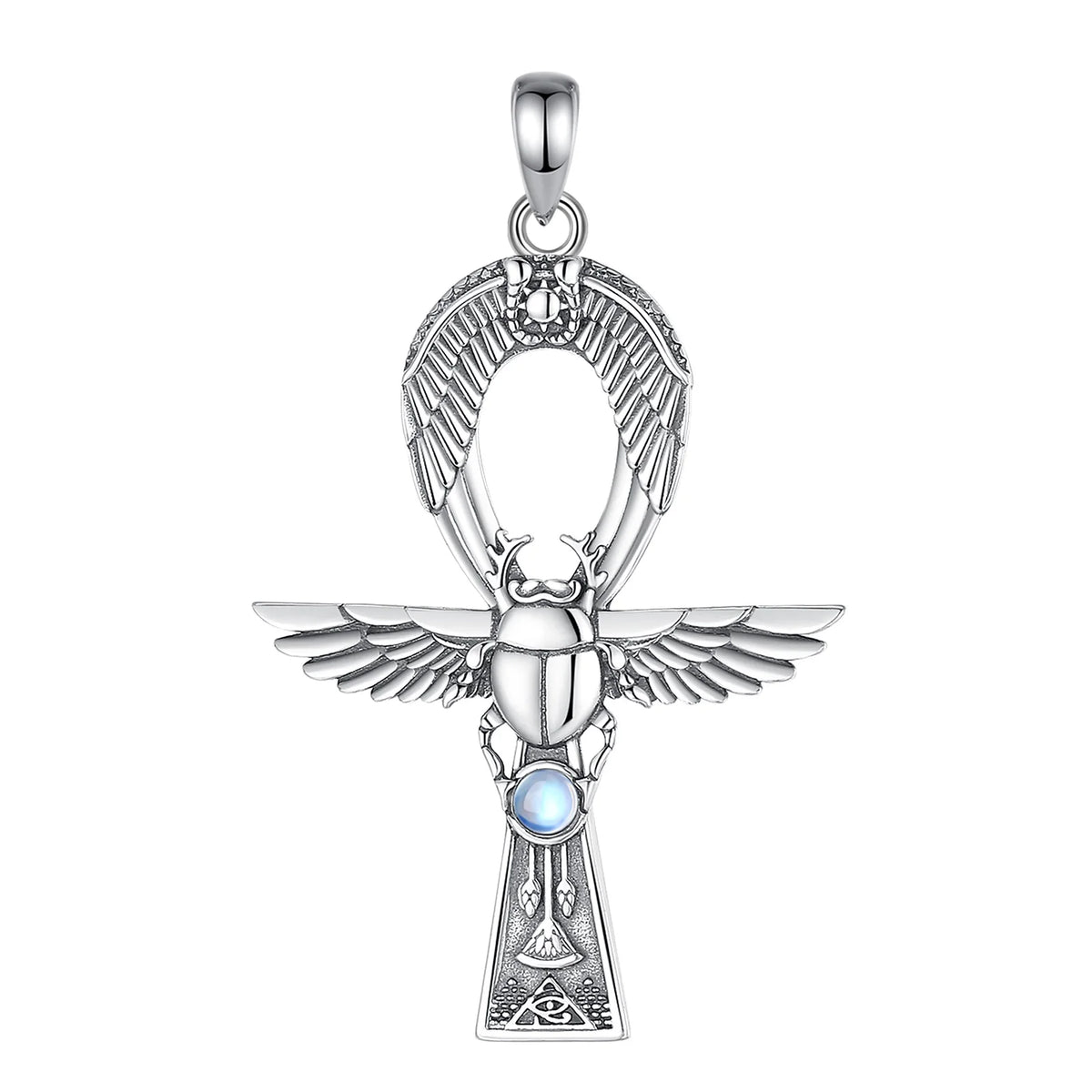 Mondstein Kette aus 925er Silber mit Ankh- und Skarabäusanhänger