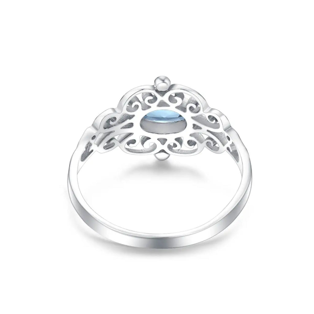Jugendstil Aquamarin Ring aus 925er Silber mit ovalem Stein und Voluten