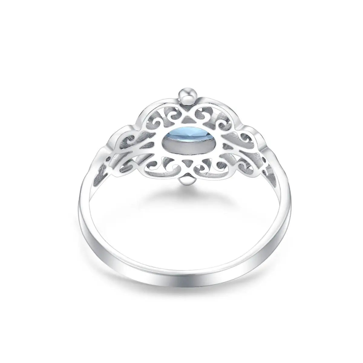 Jugendstil Aquamarin Ring aus 925er Silber mit ovalem Stein und Voluten