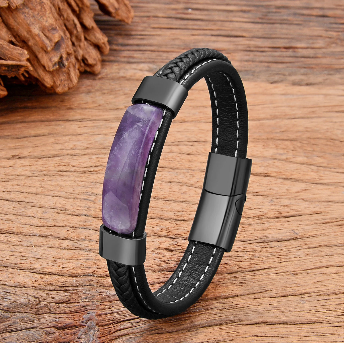 Amethyst Lederarmband mit Ziernaht
