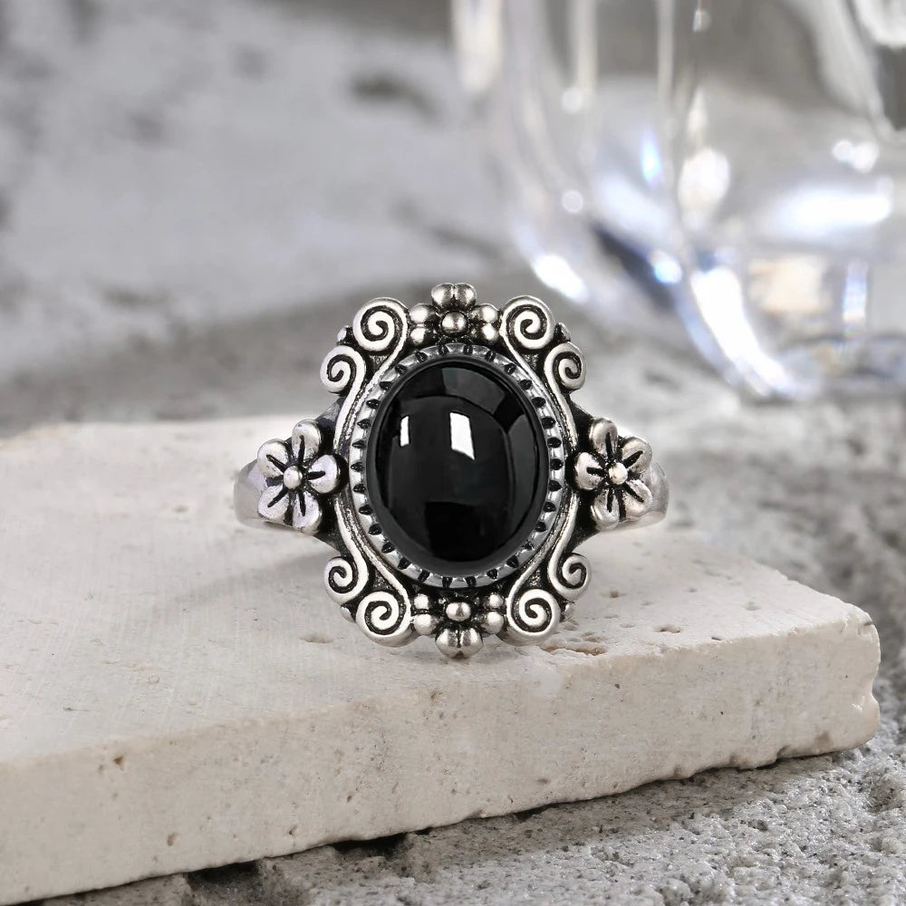 Floraler Onyx Ring aus 925er Silber mit Voluten und Blüten
