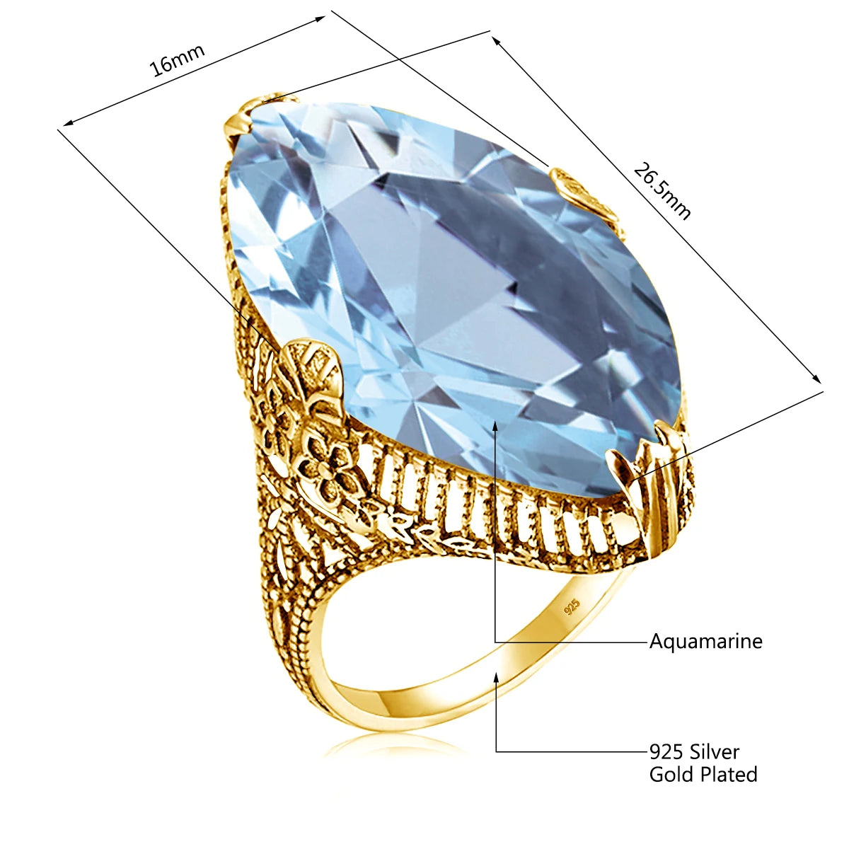 Goldfarbener Aquamarin Ring aus 925er Silber mit großem Navette-Stein