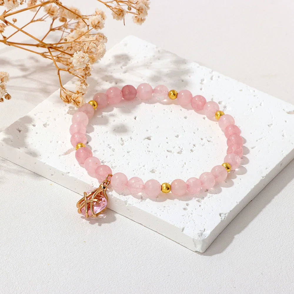 Rosenquarz Perlenarmband mit Ballerina-Anhänger