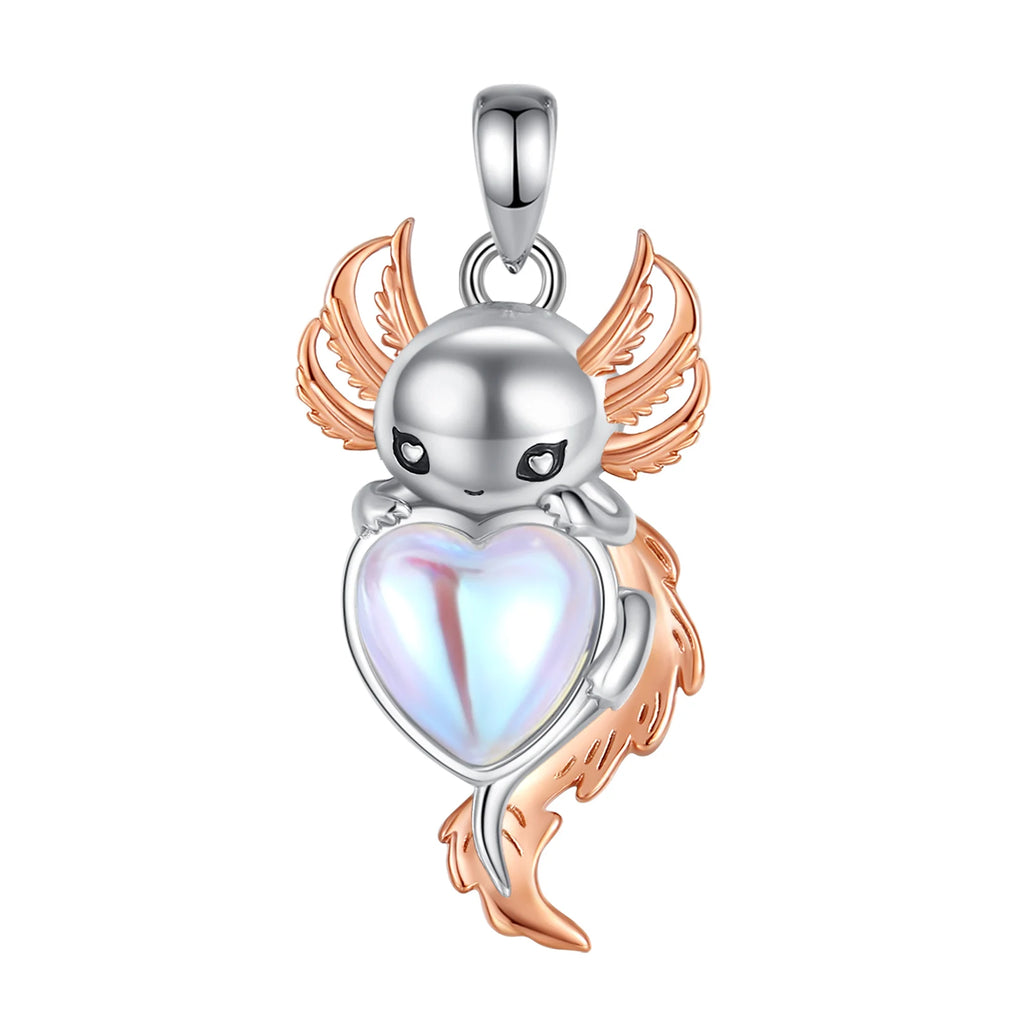 Mondstein Kette aus 925er Silber mit Axolotl und Herzanhänger