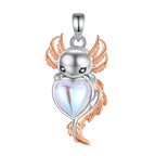 Mondstein Kette aus 925er Silber mit Axolotl und Herzanhänger