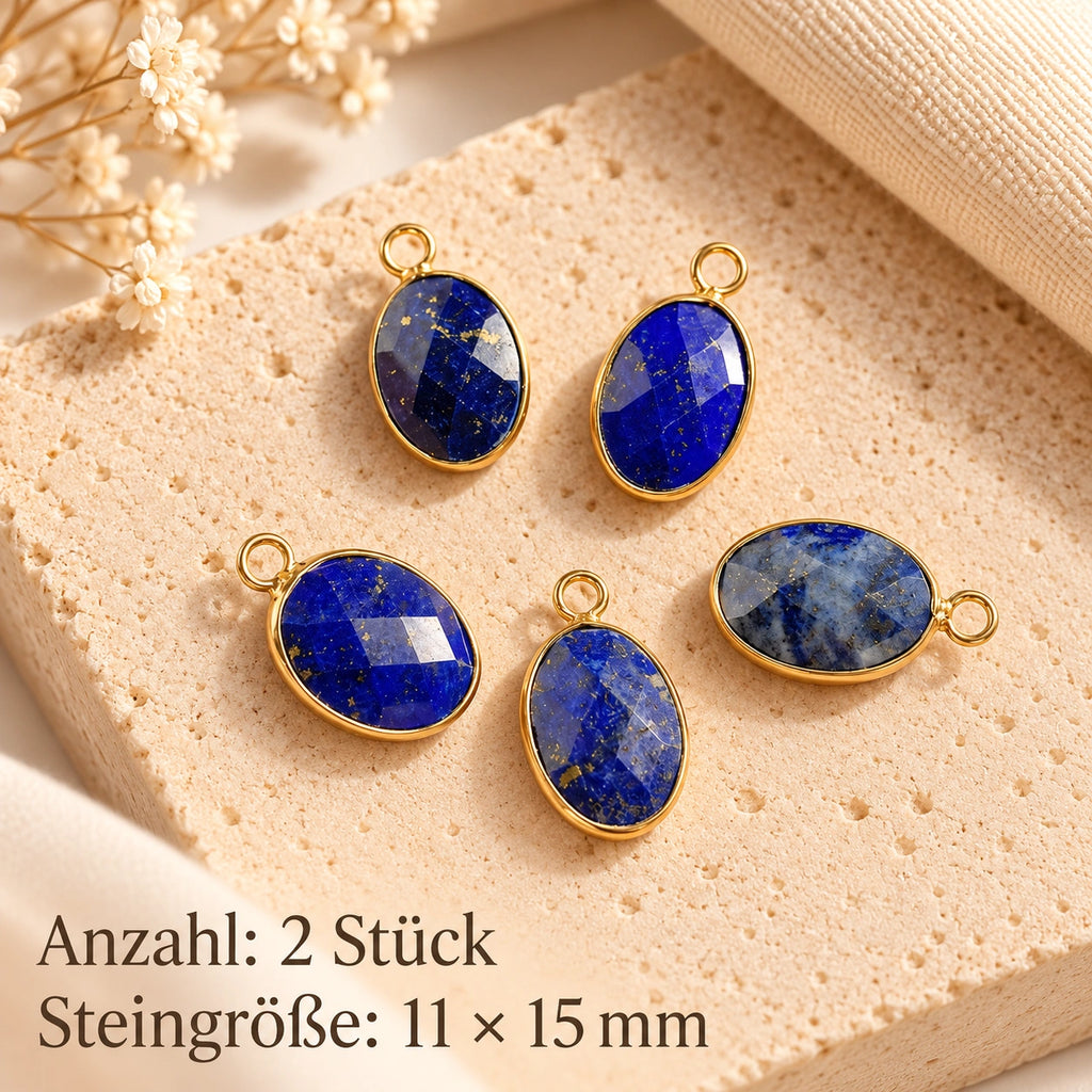 Lapislazuli Anhänger Gold mit kleinem ovalem Stein und zwei Ösen