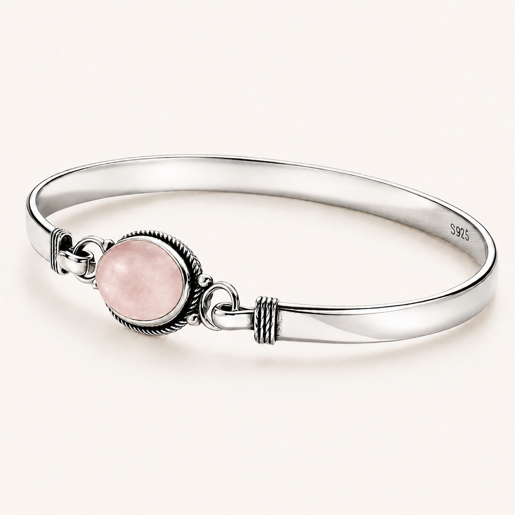 Rosenquarz Armband aus 925er Silber mit ovalem Cabochon