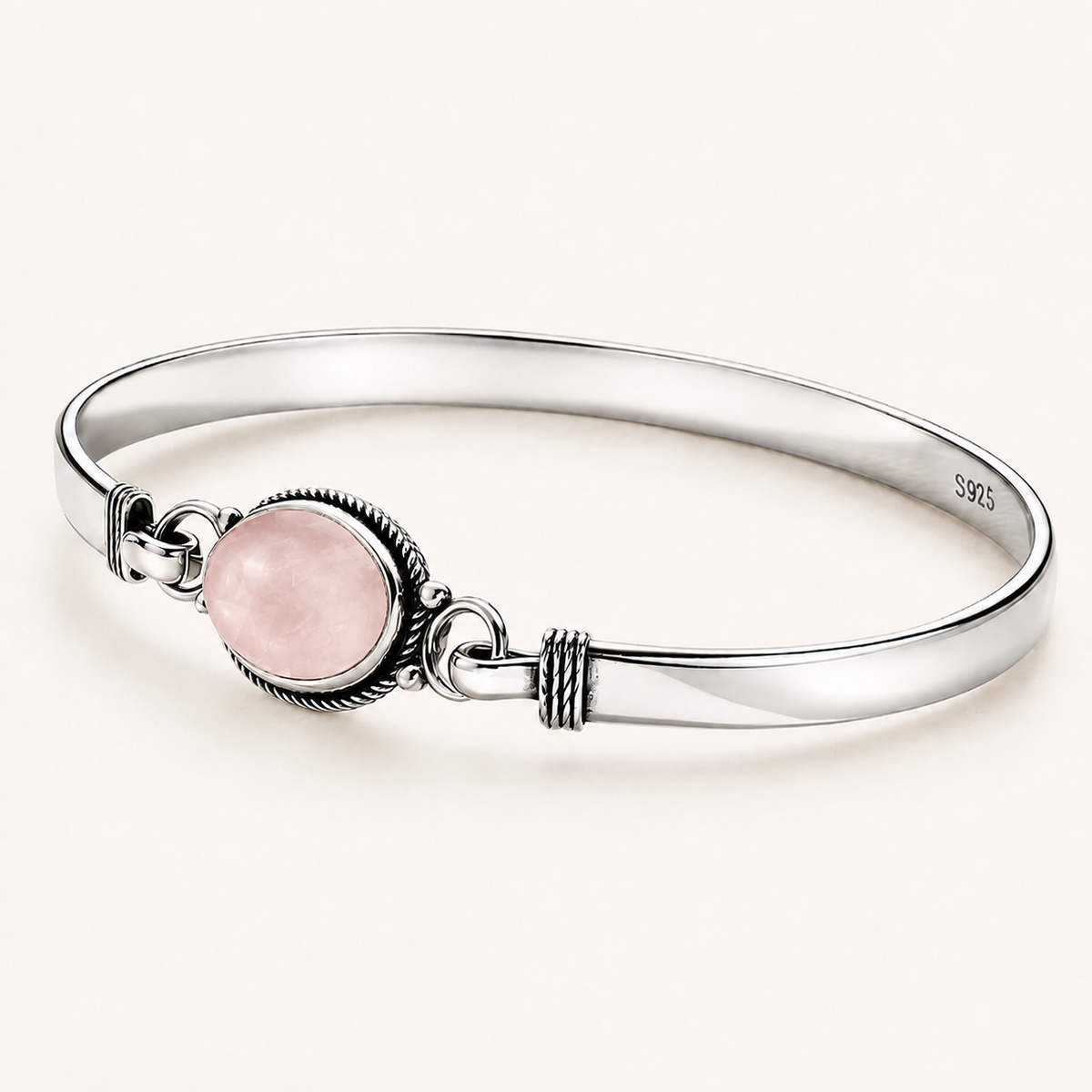 Rosenquarz Armband aus 925er Silber mit ovalem Cabochon