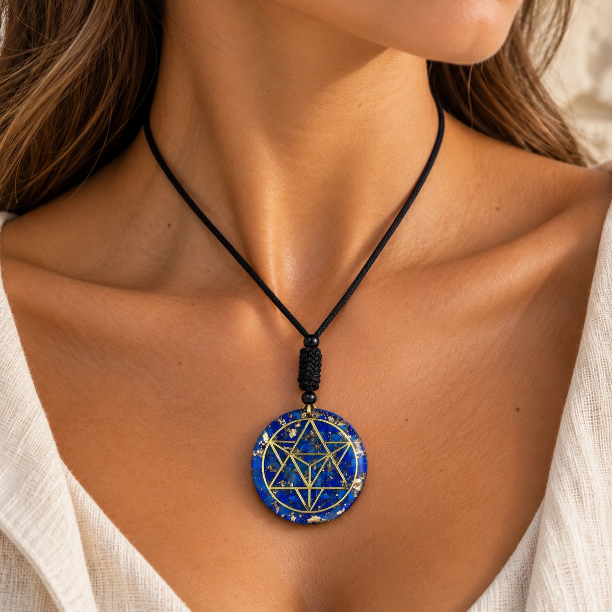 Lapislazuli Anhänger mit goldenem Sternsymbol an schwarzer Kordel