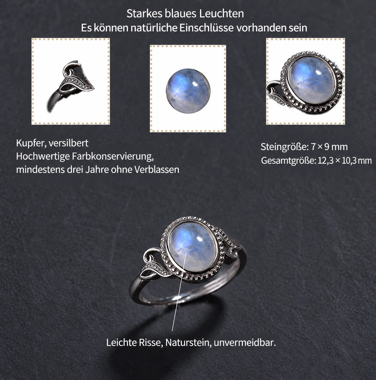 Mondstein Ring aus 925er Silber mit ovalem Cabochon und Voluten