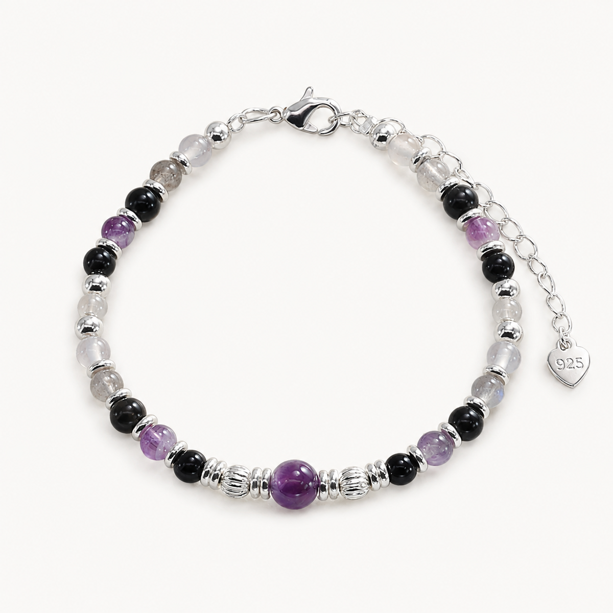 Amethyst Armband mit Obsidian und zentraler Kugel