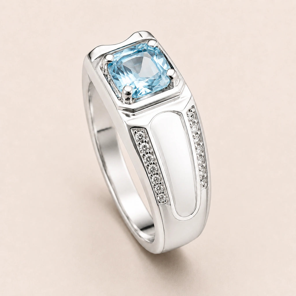 Aquamarin Look Ring mit quadratischem Stein und schwarzer Ringschiene