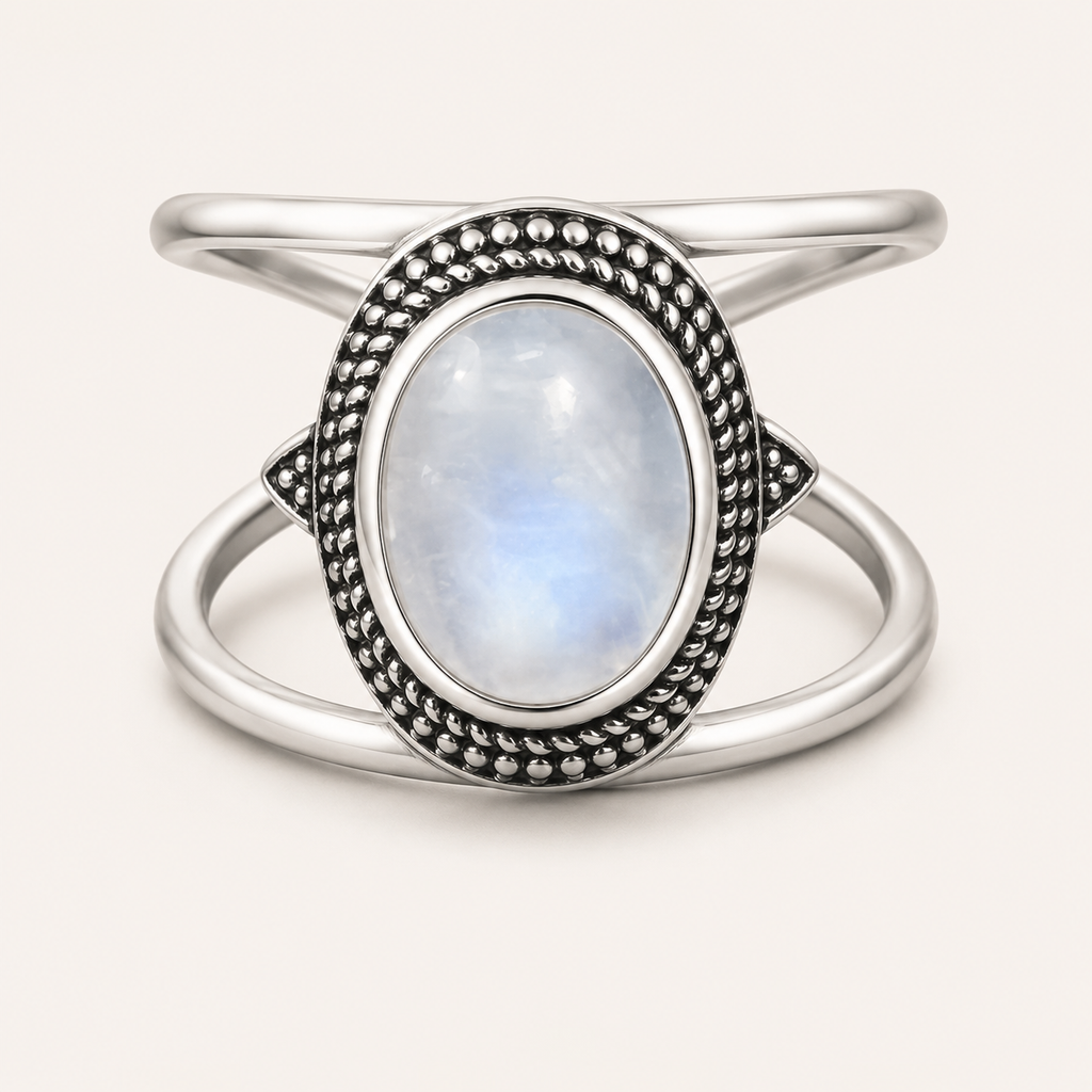 Mondstein Ring mit gekreuzter Fassung