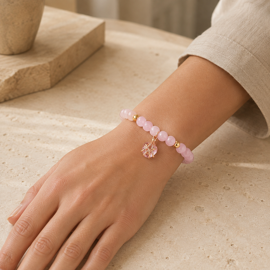 Rosenquarz Perlenarmband mit Ballerina-Anhänger