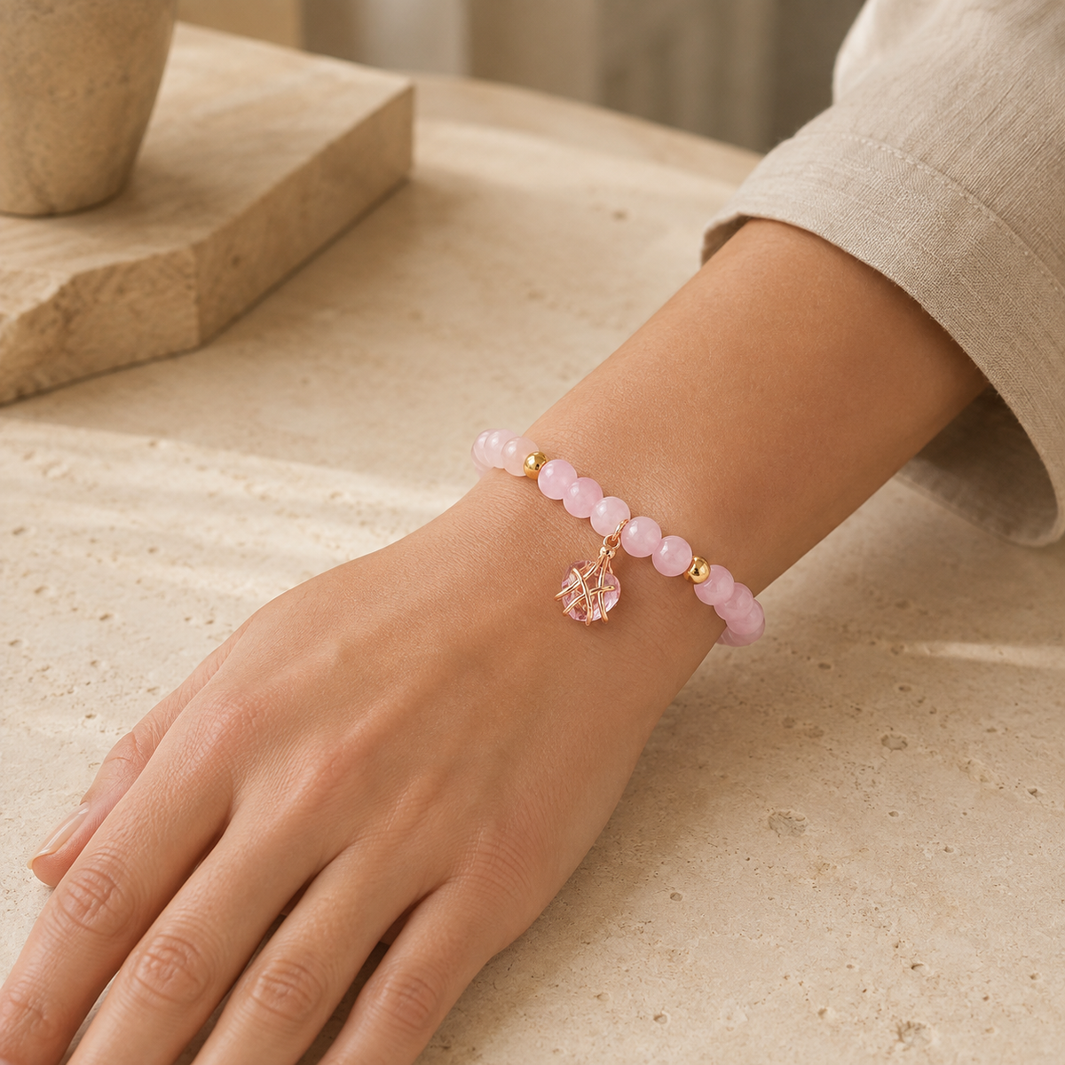 Rosenquarz Perlenarmband mit Ballerina-Anhänger