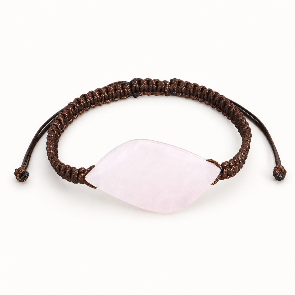 Rosenquarz Makramee Armband mit großem Blattstein