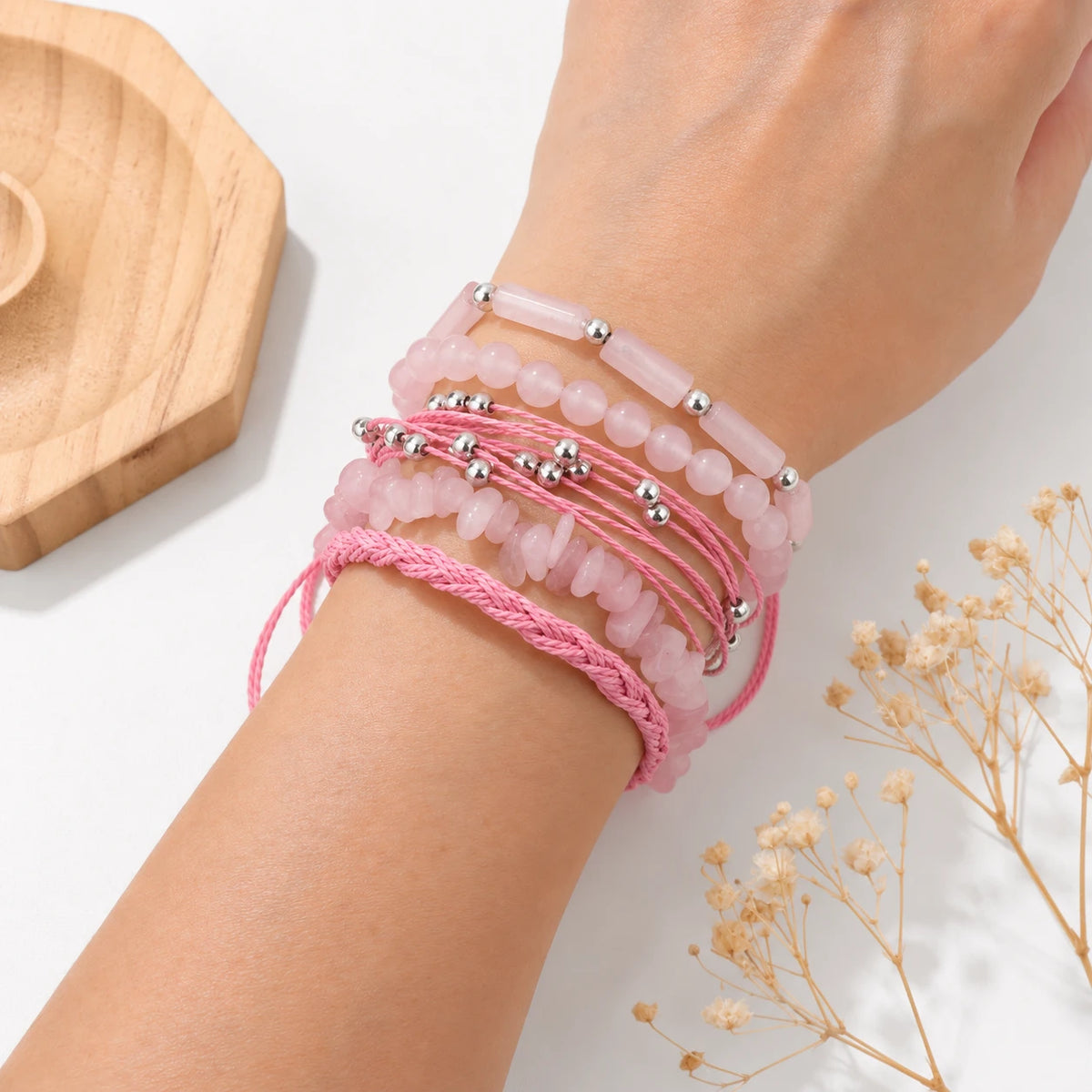 Mehrreihiges Rosenquarz Armband Set in Rosa