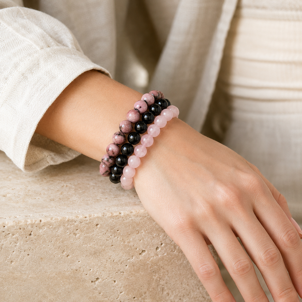 Rosenquarz Rhodonit Onyx Armband Set
