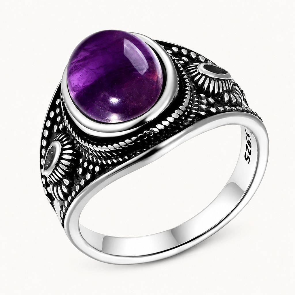 Amethyst Ring aus 925er Silber mit Sonnenornamenten