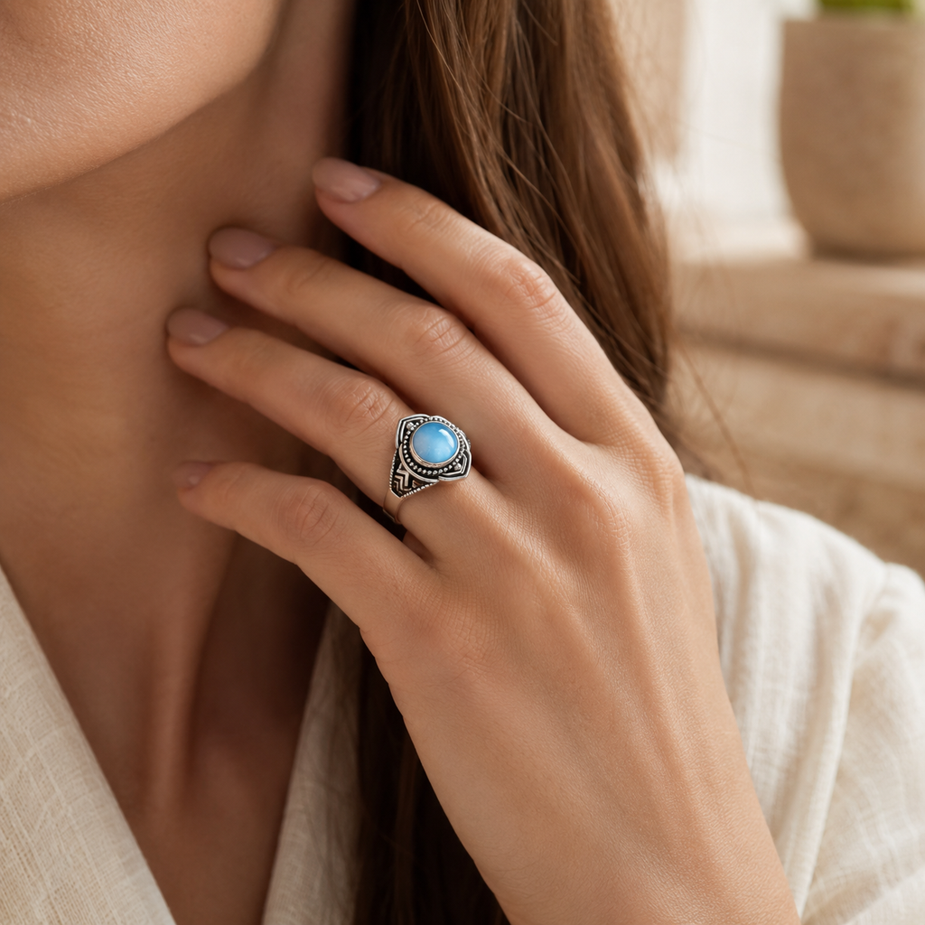 Aquamarin Ring aus 925er Silber mit geometrischer Ringschiene