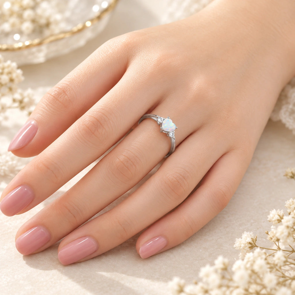 Opal-Look Ring aus 925er Silber mit Herzstein und zwei Ziersteinen