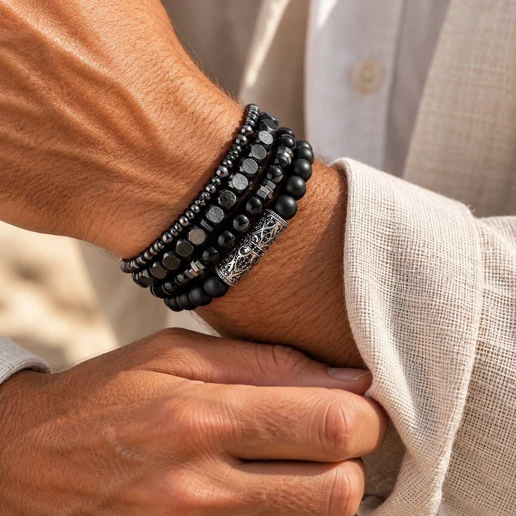 Onyx Armbänder Set mit Hämatit und verzierter Metallperle
