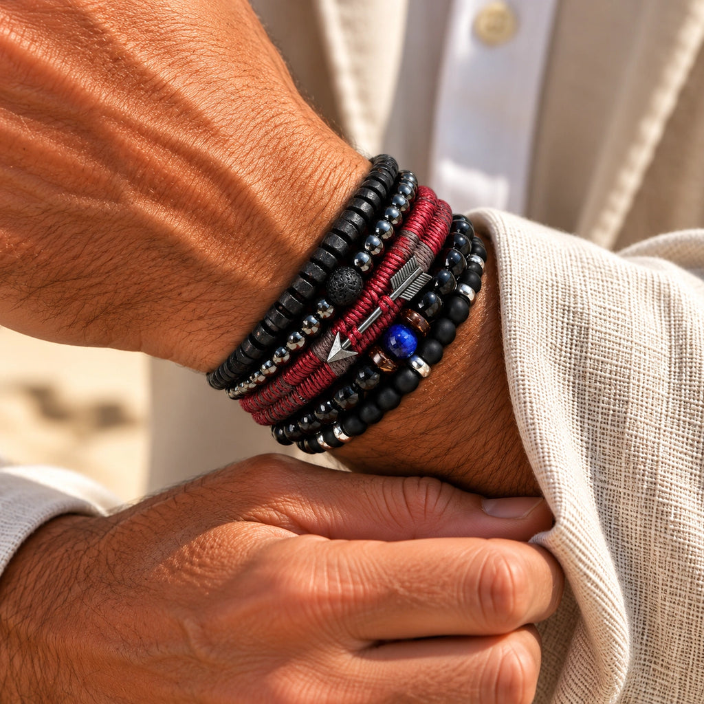 Onyx Armbänder Set mit Lavastein, Hämatit und rotem Textilband