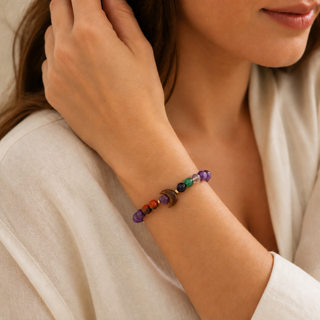 Amethyst Armband mit Halbmond und bunten Steinperlen