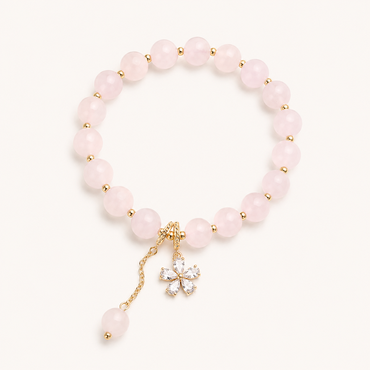 Rosenquarz Perlenarmband mit Blumenanhänger