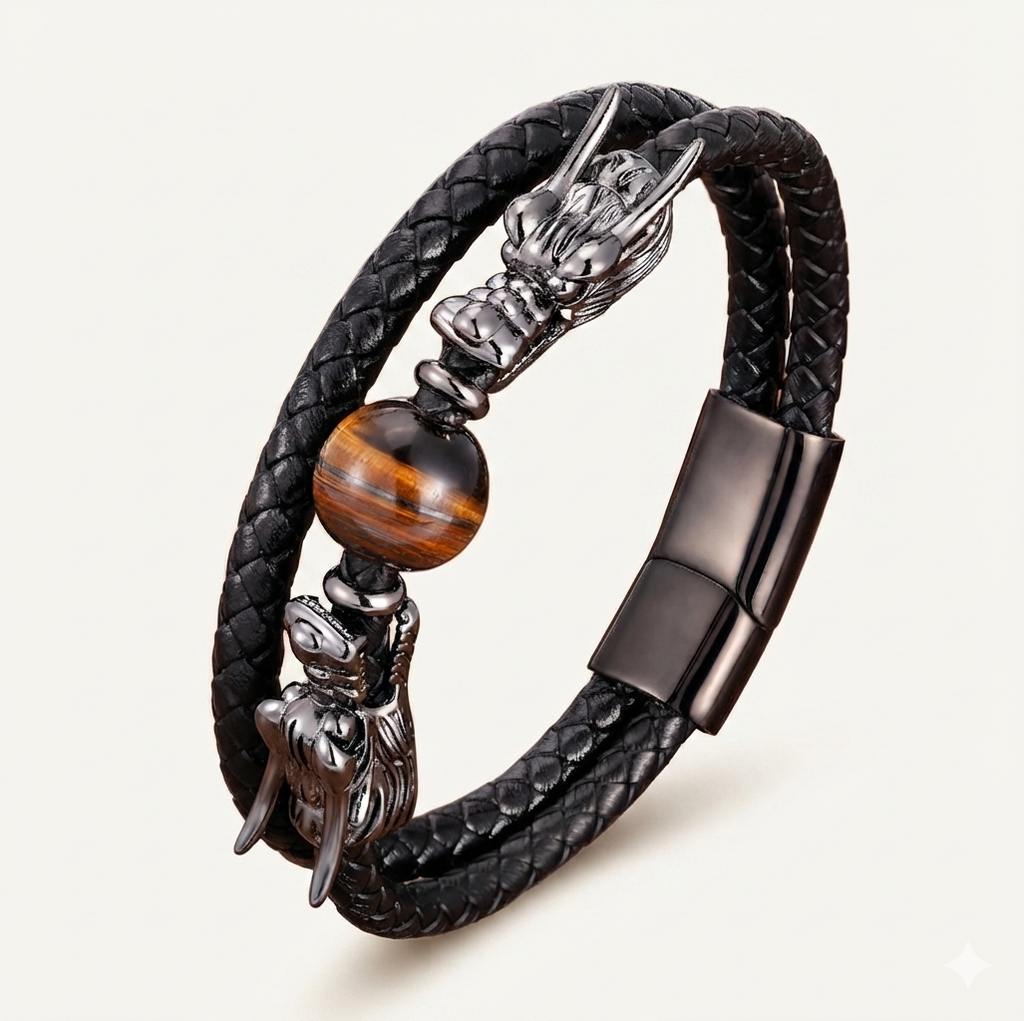 Tigerauge Lederarmband mit Drachenkopf