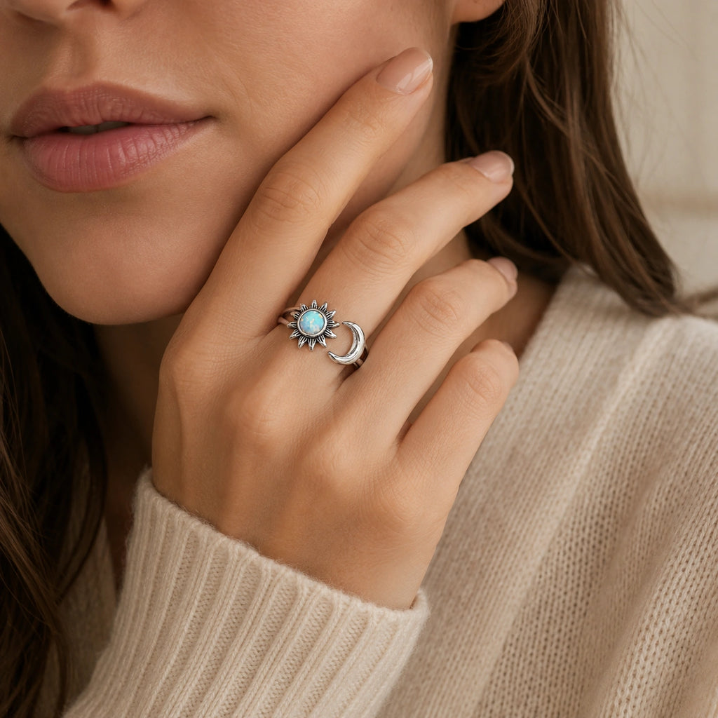 Offener Opal Ring mit Sonne und Mondsichel