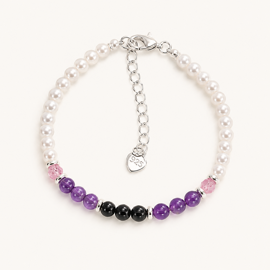 Amethyst Armband mit schwarzem Achat und Muschelperlen