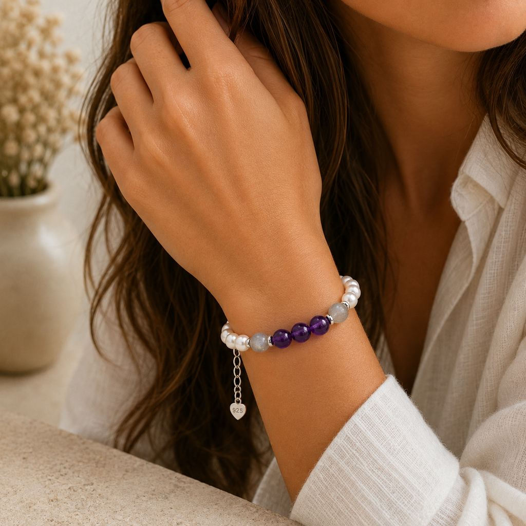 Mondstein Amethyst Armband mit Muschelperlen