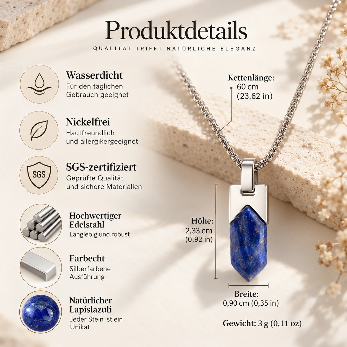 Lapislazuli Kette Silber mit sechseckiger Steinspitze