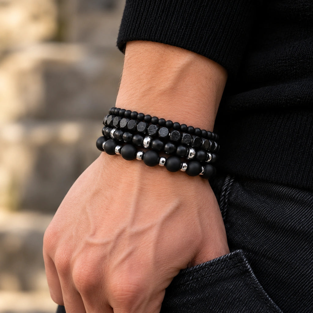 Schwarzes Onyx Armbänder Set mit Hämatit