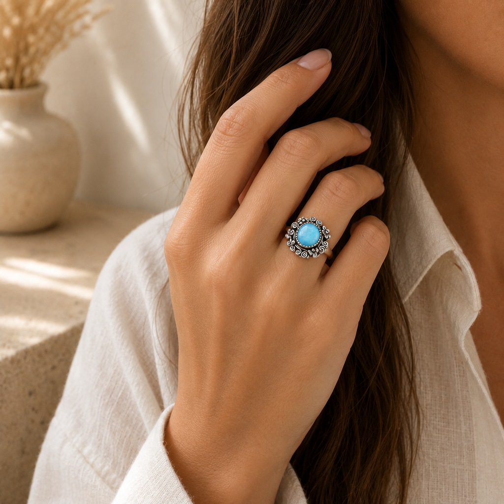 Aquamarin Ring aus 925er Silber mit Blüten und Spiralen
