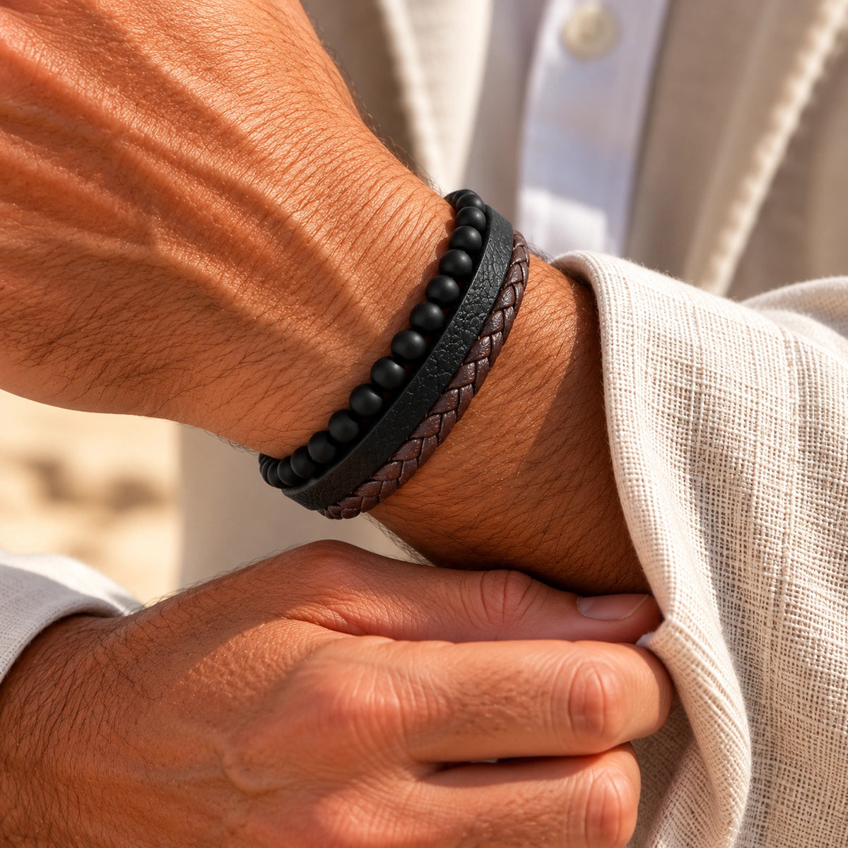 Schwarzes Onyx Armband mit geflochtenem Leder