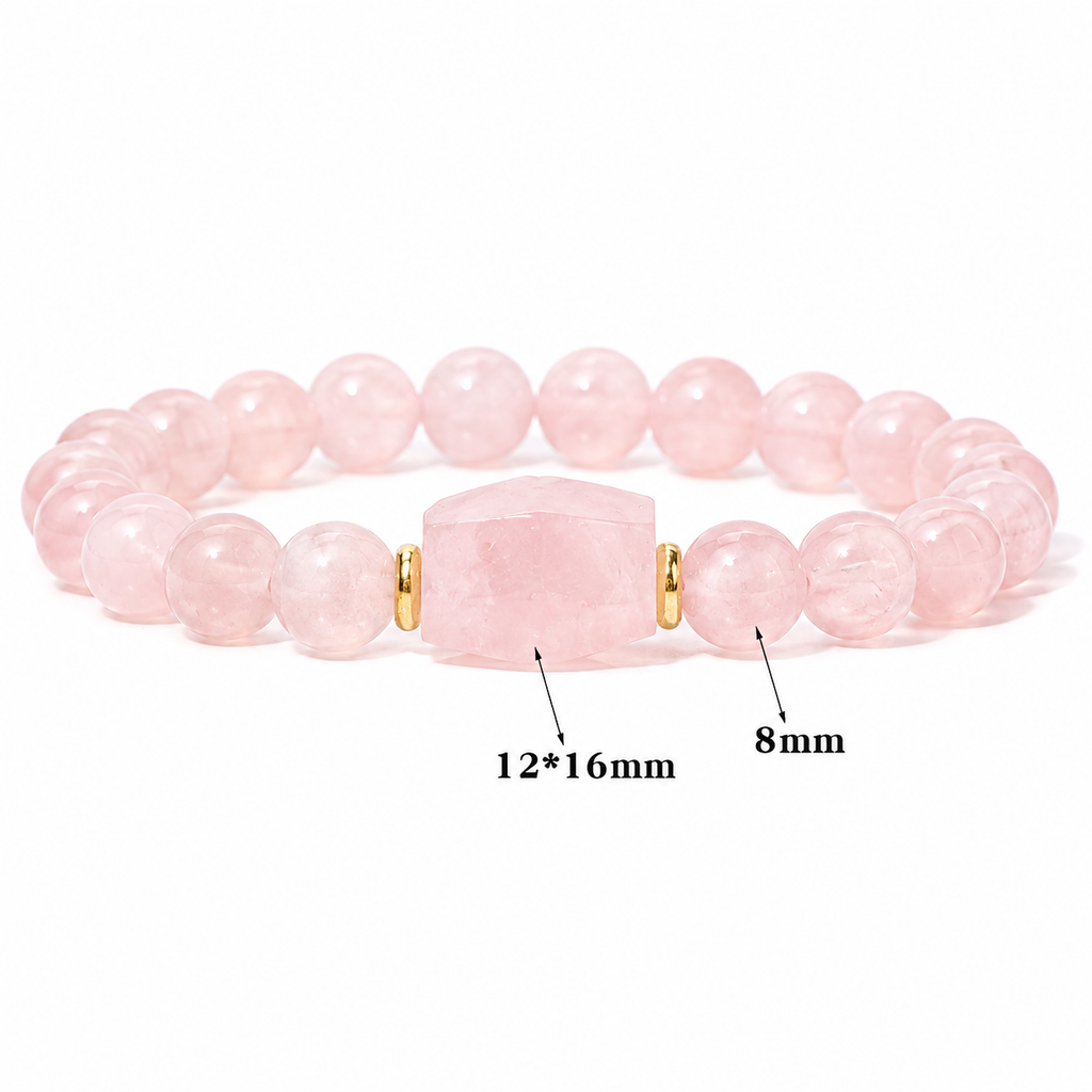 Rosenquarz Perlenarmband mit rechteckigem Mittelstein