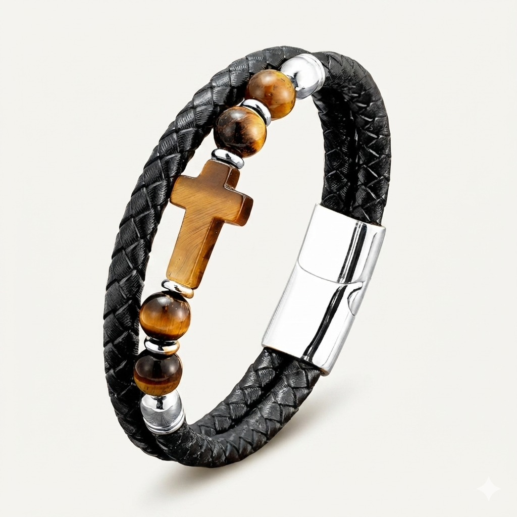 Tigerauge Lederarmband mit Kreuz