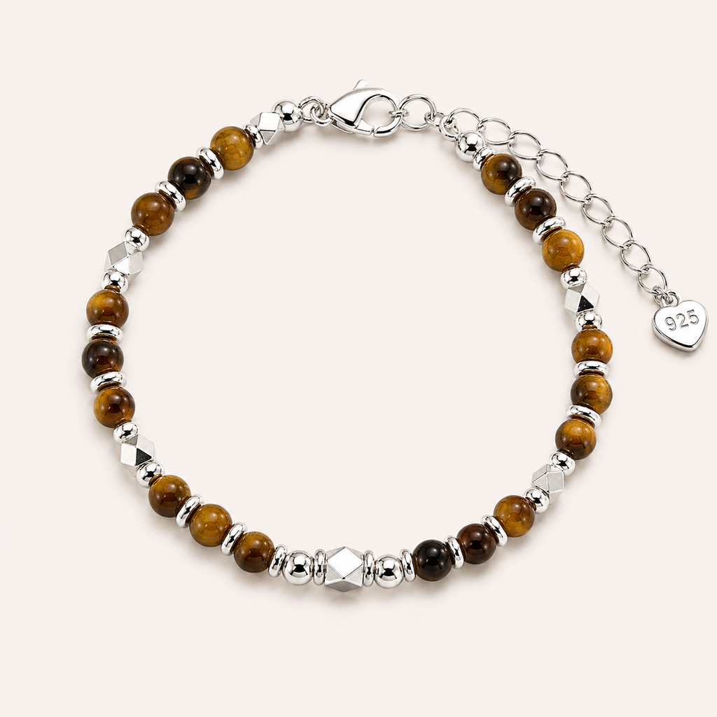 Feines Tigerauge Armband mit facettierten Metallperlen