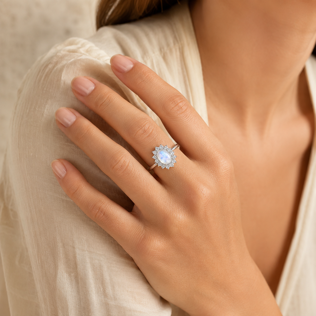 Zarter Mondstein Ring mit Schmucksteinen