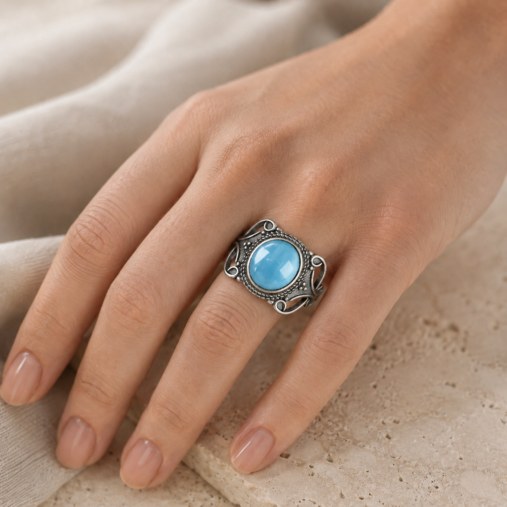 Aquamarin Ring aus 925er Silber mit Volutenmuster