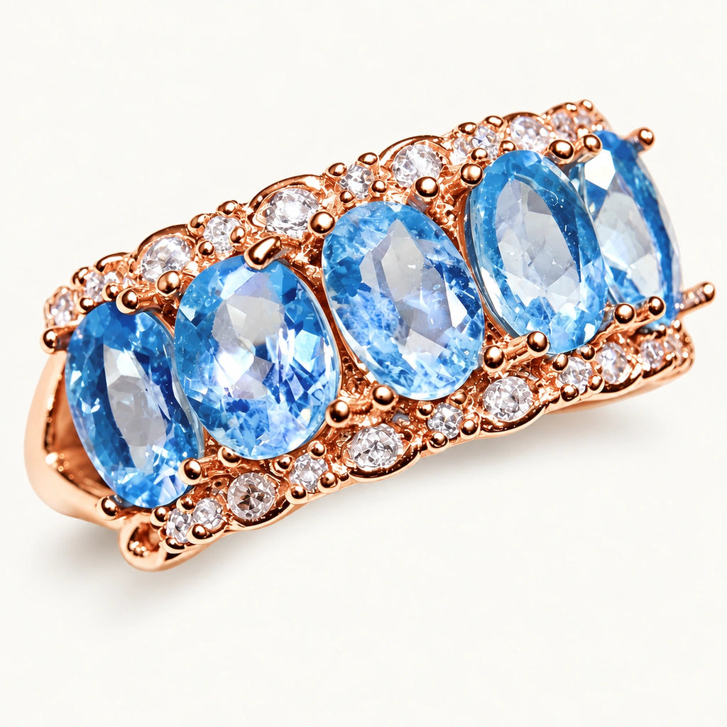 Roségoldfarbener Ring mit Aquamarin aus 925er Silber mit fünf ovalen Steinen