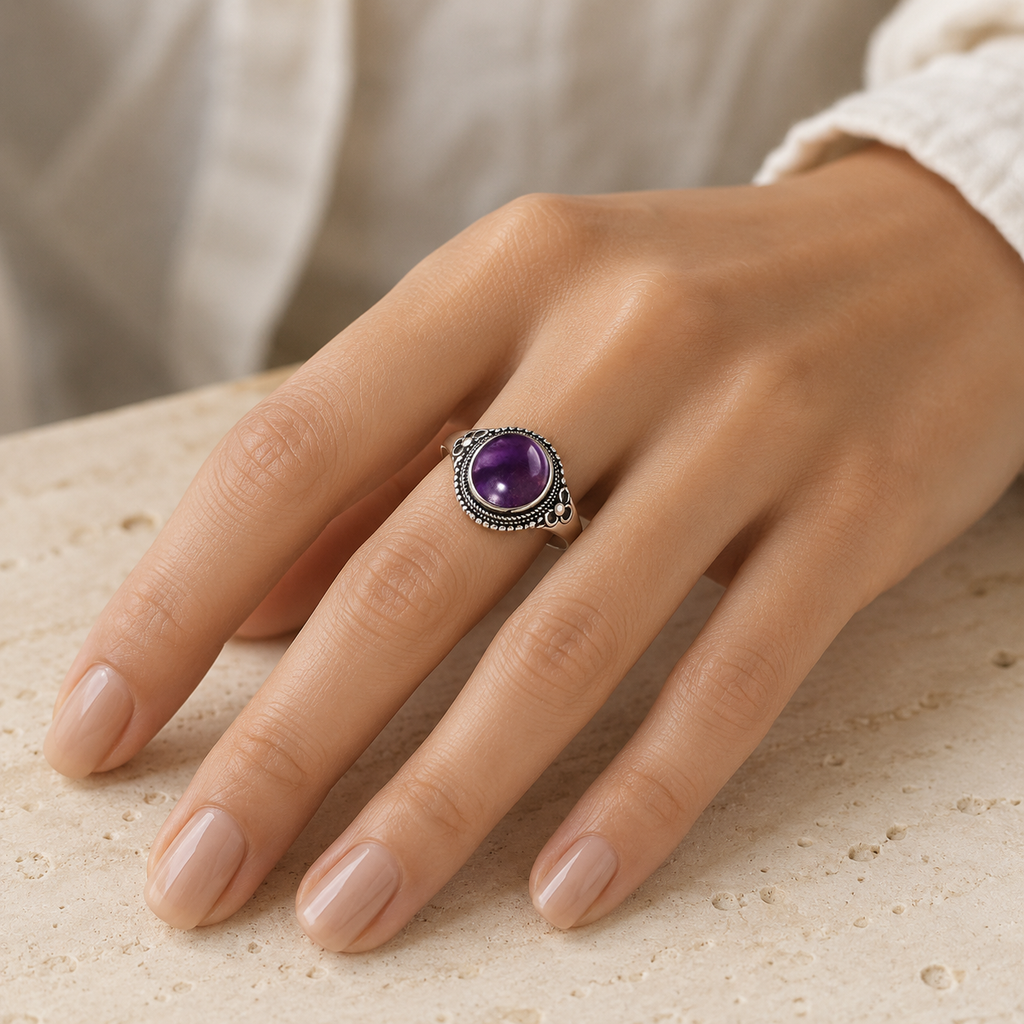 Amethyst Ring aus 925er Silber mit Perlenrahmen