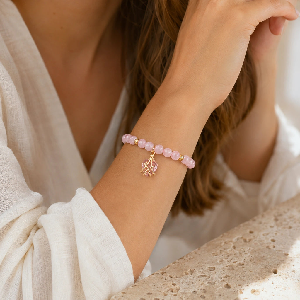 Doppelreihiges Rosenquarz-Armband mit Herzanhänger