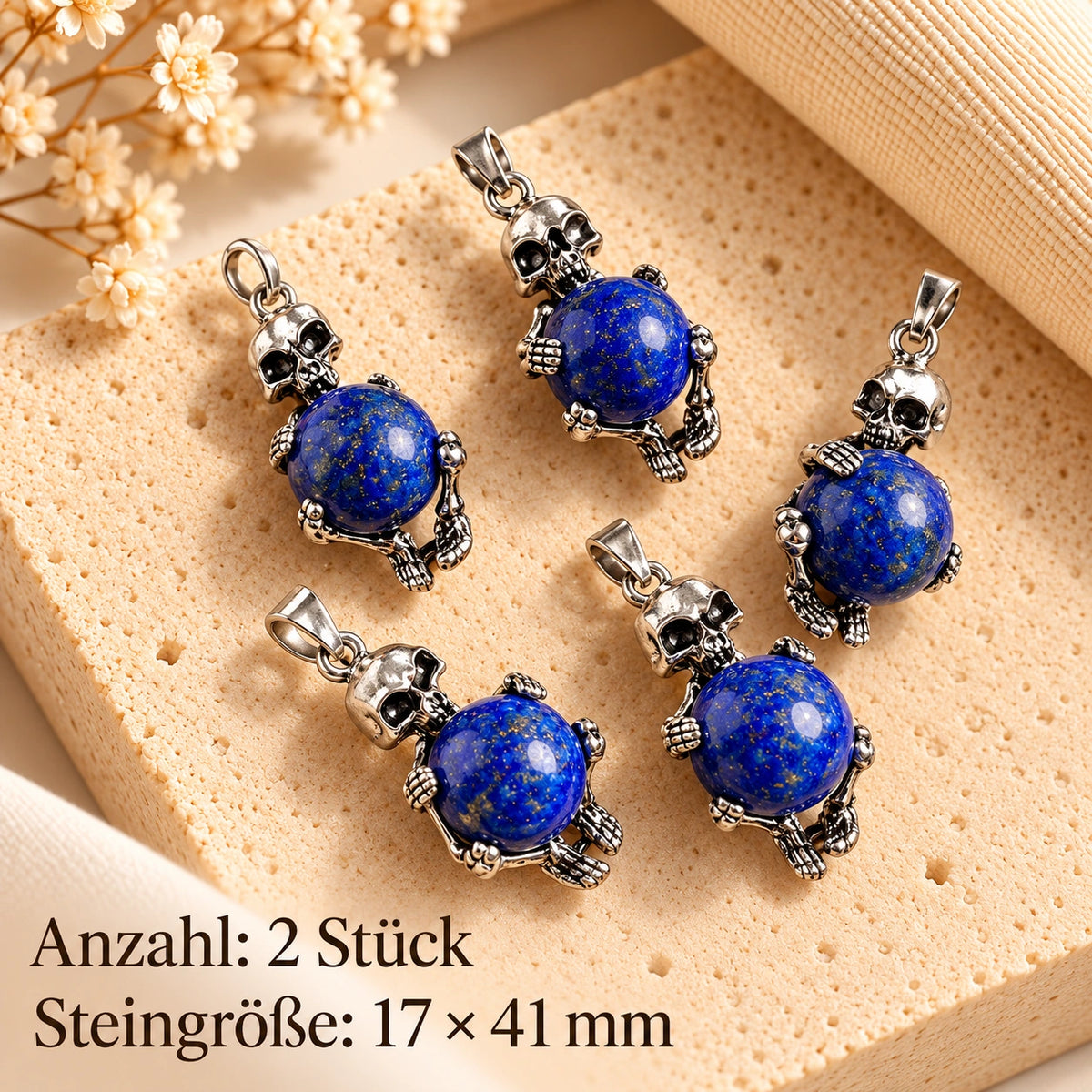 Lapislazuli Anhänger Silber mit Totenkopf und runder Steinperle