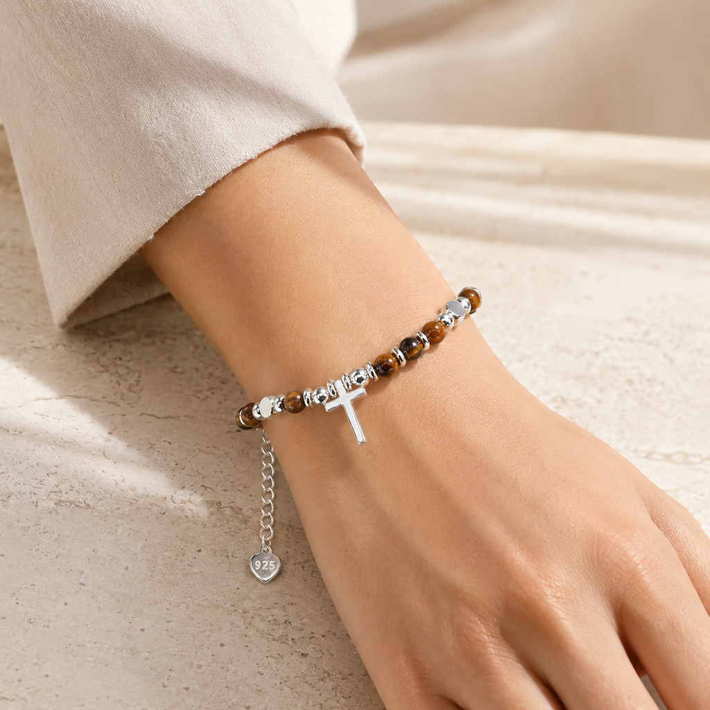 Tigerauge Perlenarmband mit Kreuzanhänger