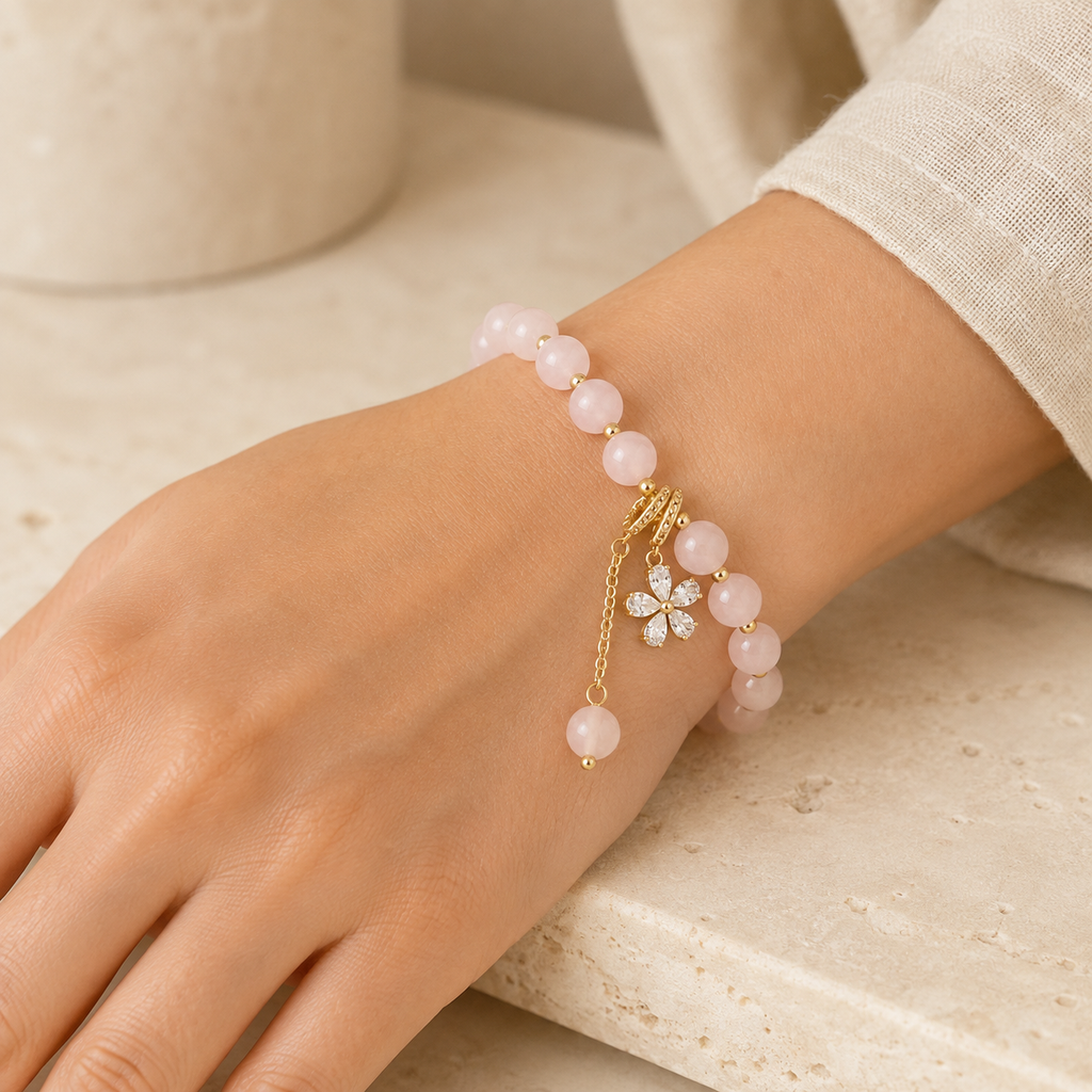 Rosenquarz Perlenarmband mit Blumenanhänger